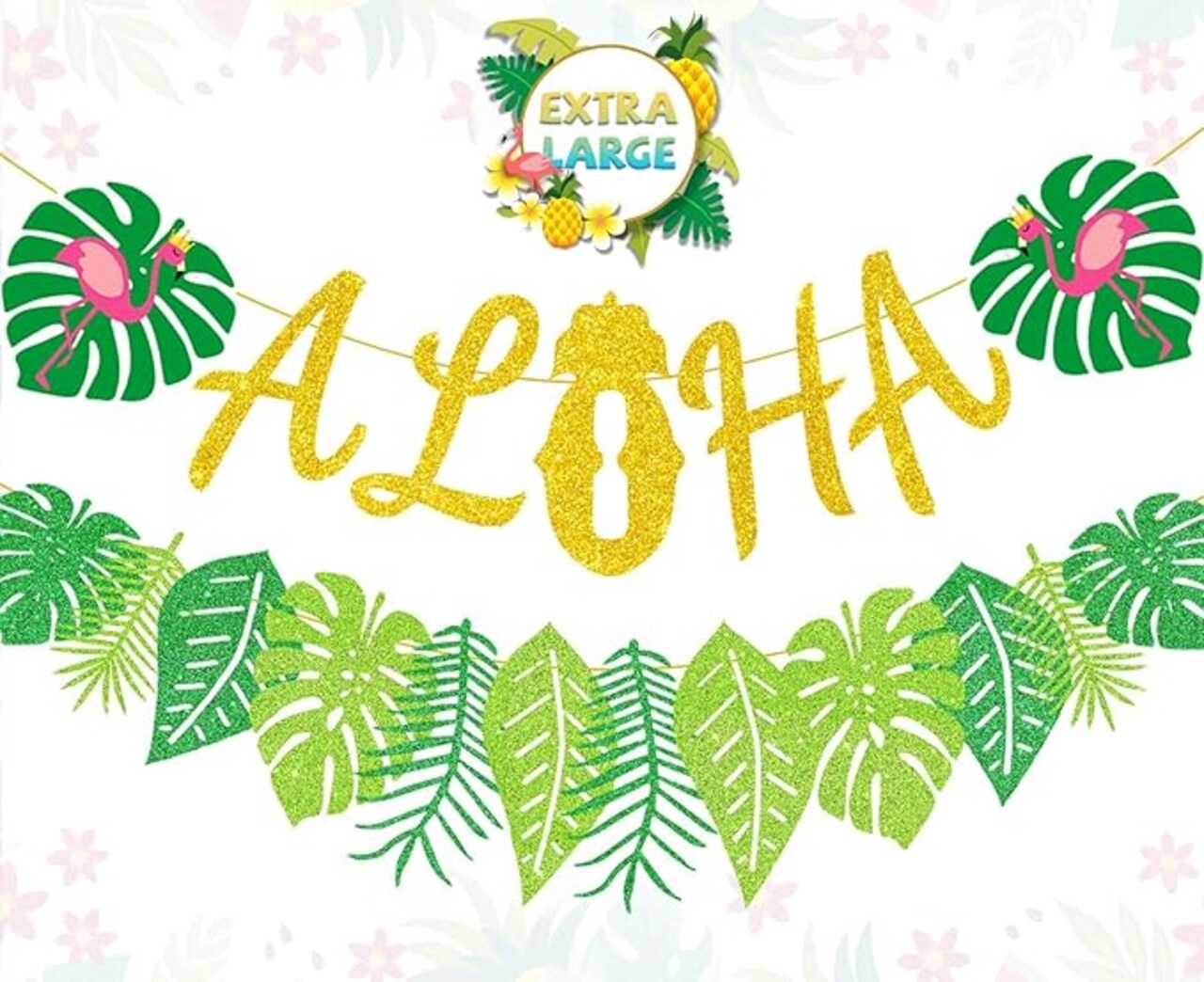 Upgraded, Aloha Banner Decorations, Luau Banner with Glittery Palm Leaves, for Summer Tropical Hawaiian Themed Party Decorations Supplies